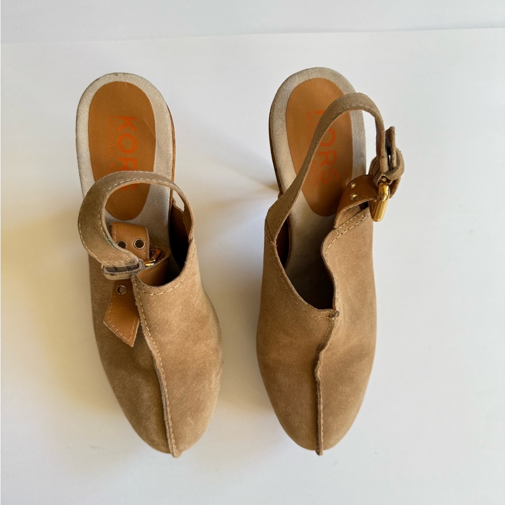 Kors by Michael Kors Suede gold studded wooden heeled platform clogs